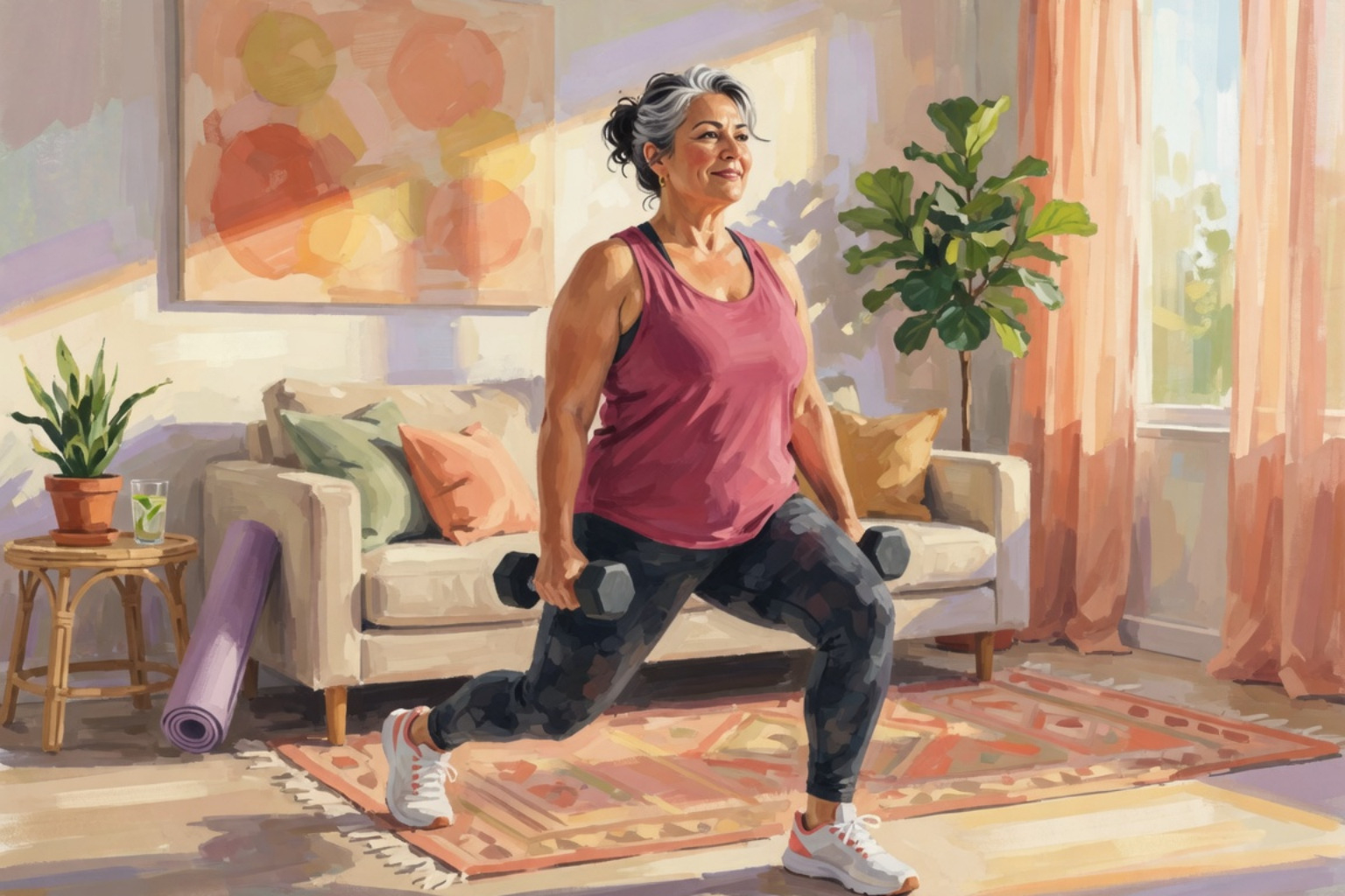 An older man working on strength and balance exercises with a physical therapist in a sunlit living room
