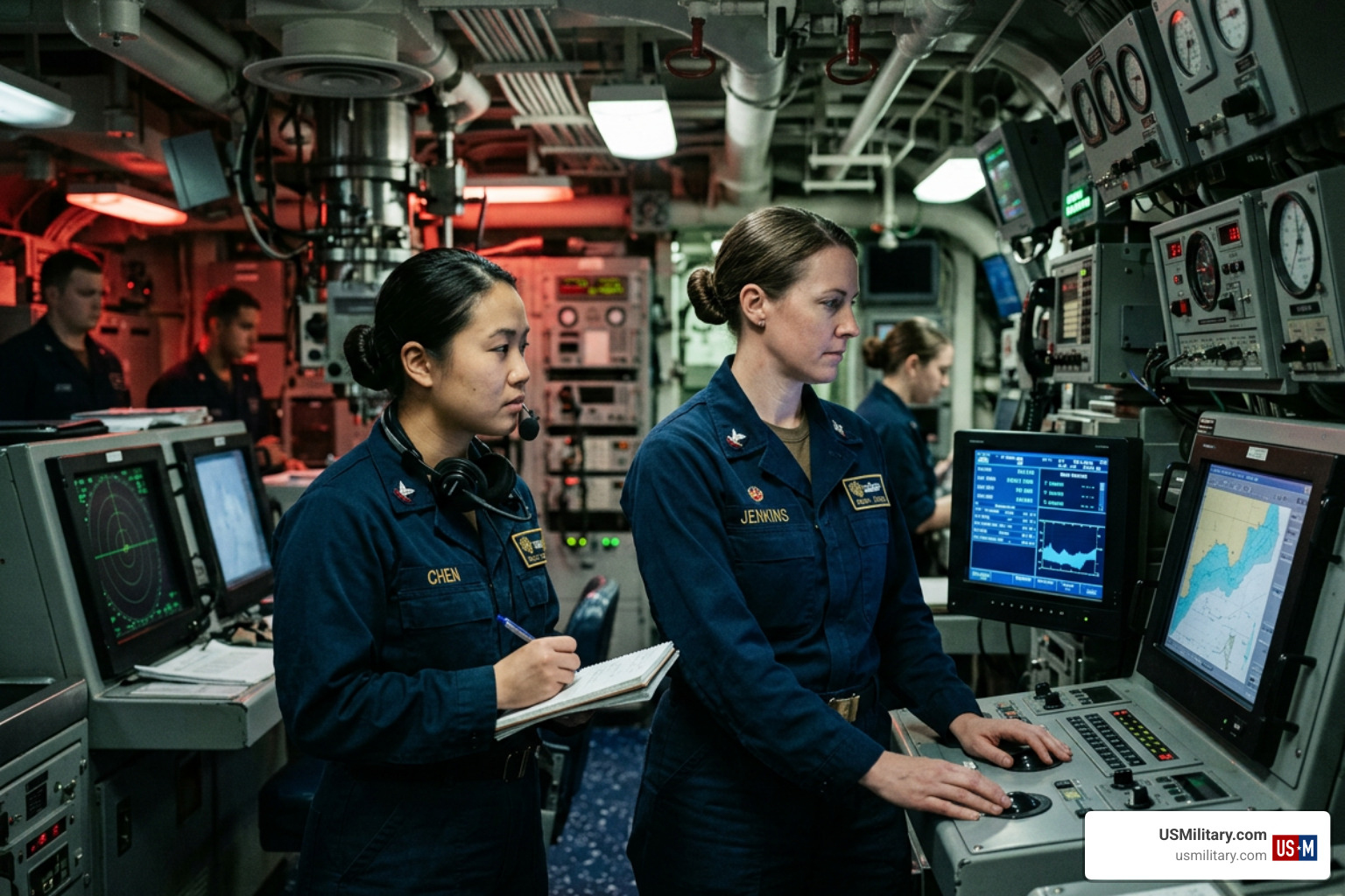 female Navy officers standing watch on a submarine
