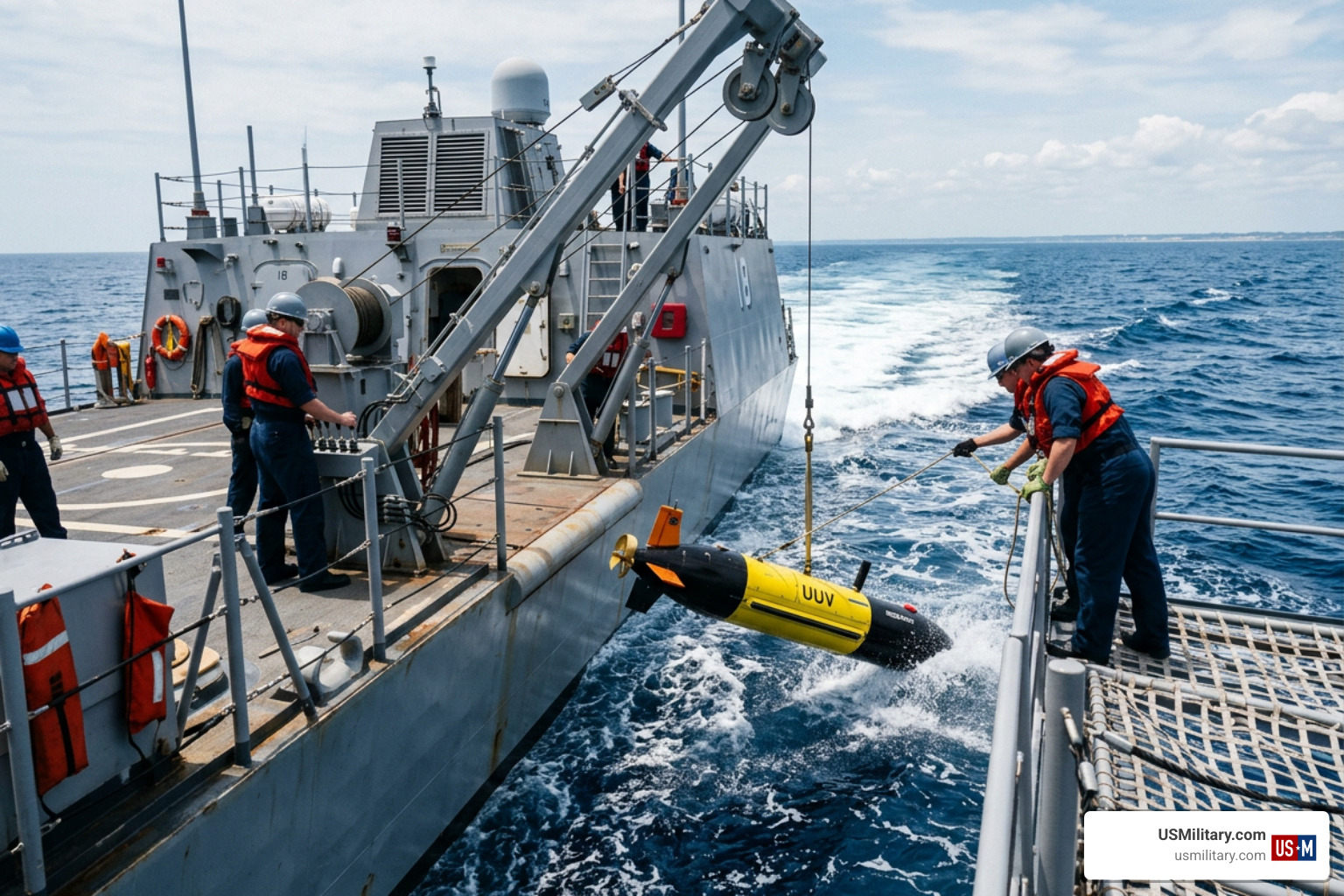 An uncrewed underwater vehicle being launched into the ocean An uncrewed underwater vehicle being launched into the ocean