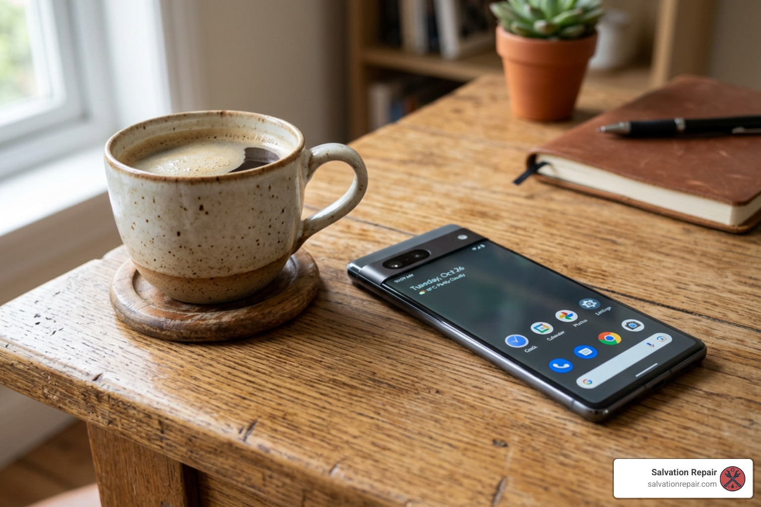 Repaired smartphone clean display lying on a wooden desk next to a cup of coffee Repaired smartphone clean display lying on a wooden desk next to a cup of coffee