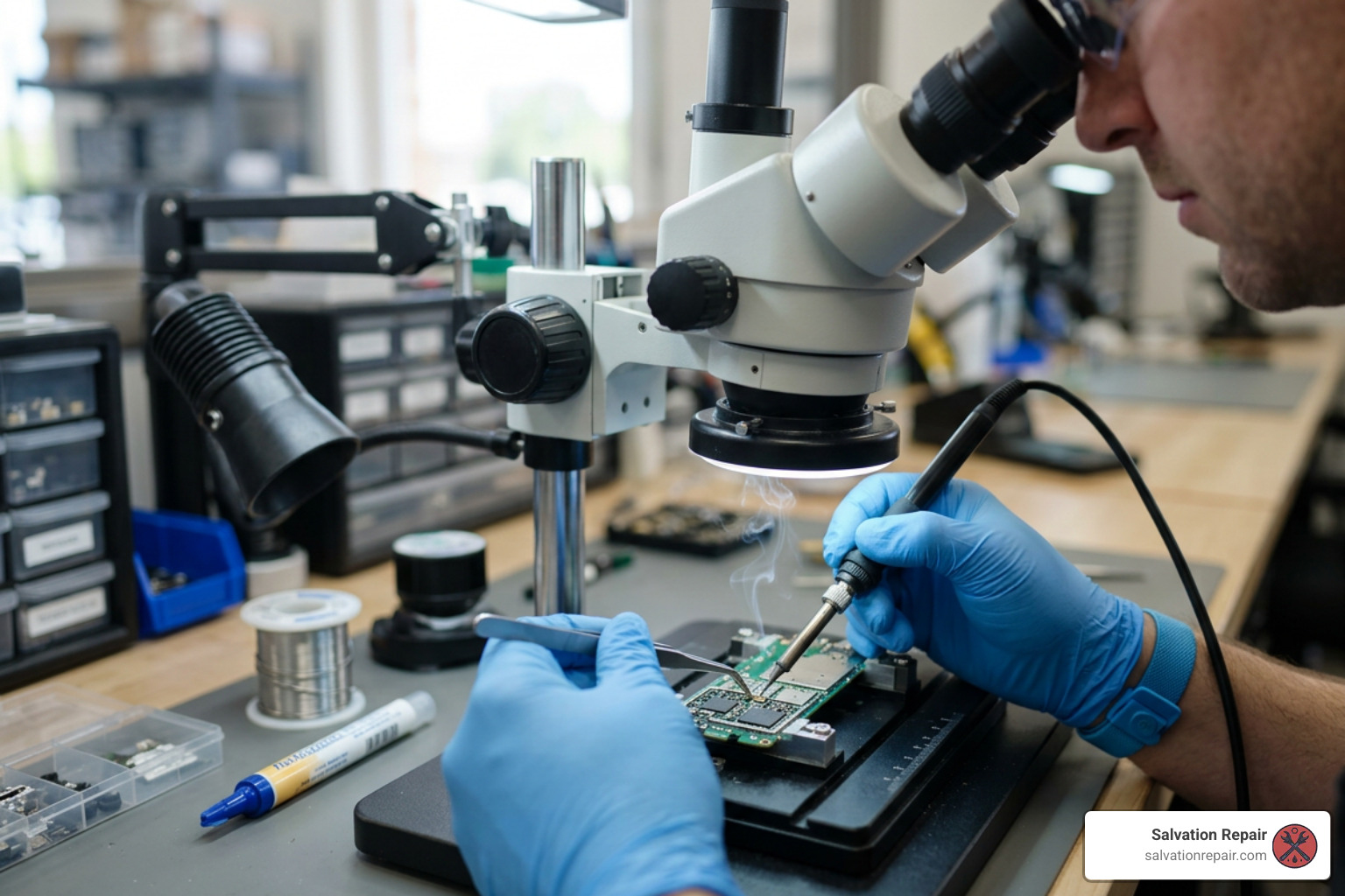 Advanced micro-soldering repair on a smartphone logic board under a microscope Advanced micro-soldering repair on a smartphone logic board under a microscope