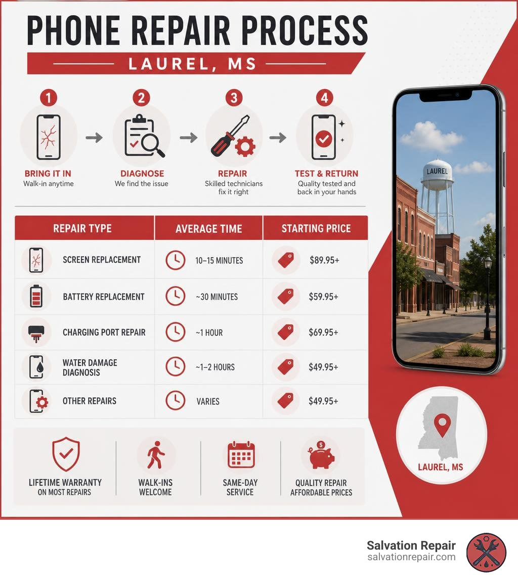 Phone repair process infographic showing repair types, average times, and starting prices in Laurel MS infographic Phone repair process infographic showing repair types, average times, and starting prices in Laurel MS infographic