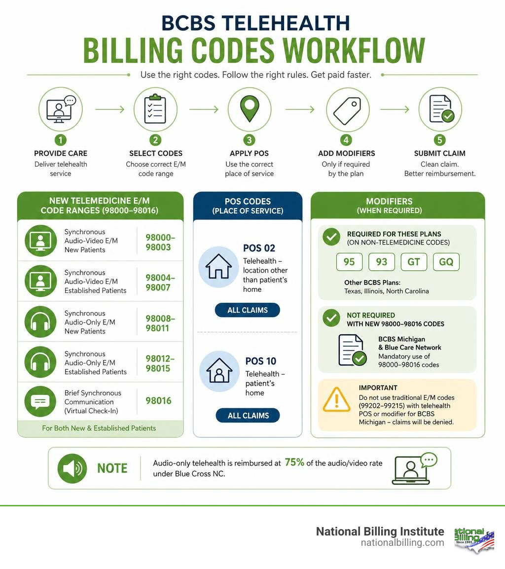 BCBS telehealth billing codes workflow infographic showing POS codes, modifiers, and new 98000-98016 E/M code ranges