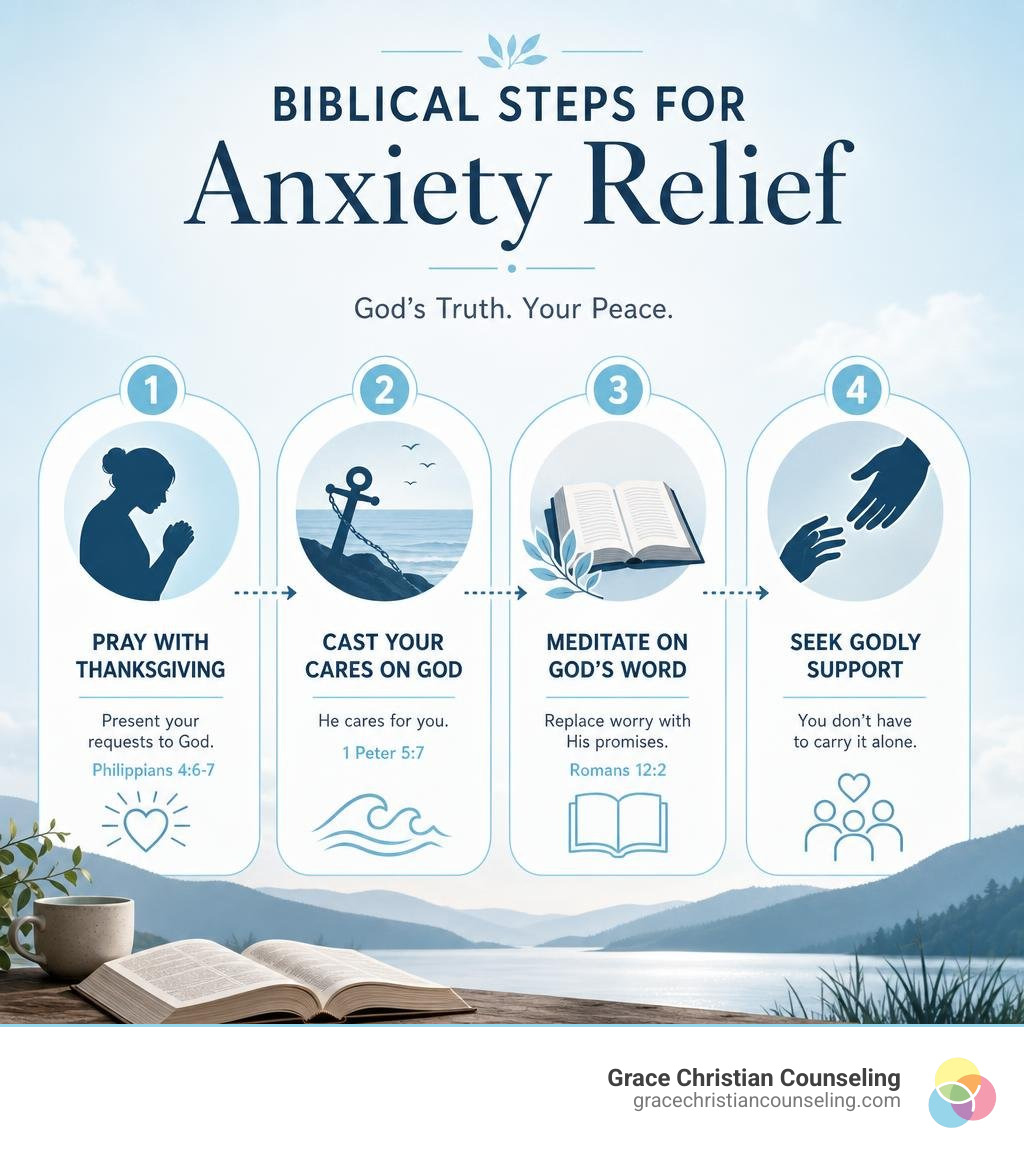 Infographic showing biblical steps for anxiety relief including prayer, casting cares, Scripture meditation, and seeking