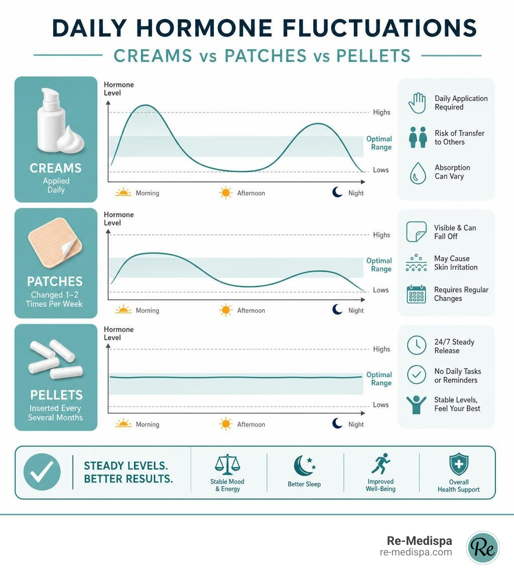 A visual comparison of daily hormone fluctuations between creams, patches, and pellets infographic A visual comparison of daily hormone fluctuations between creams, patches, and pellets infographic