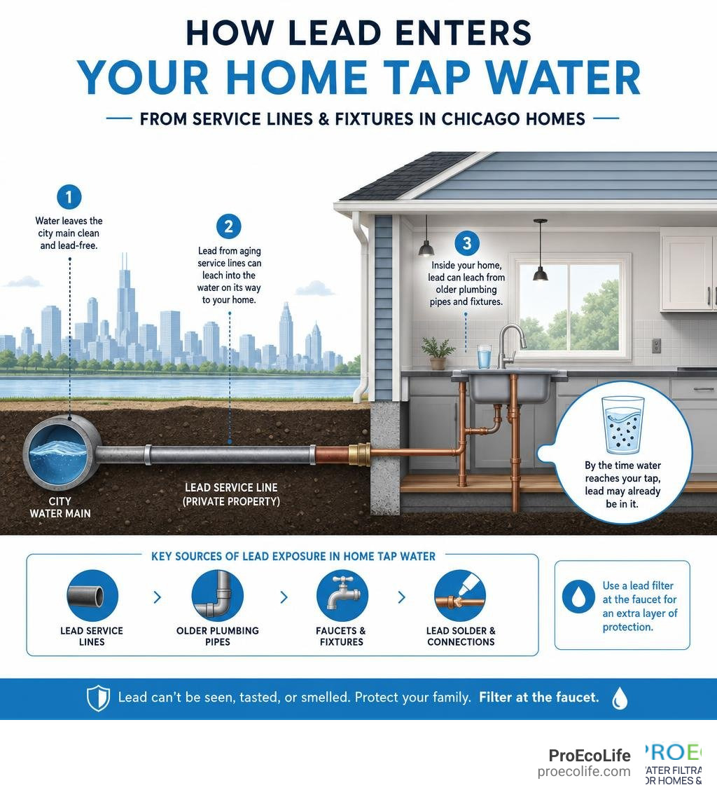 Infographic showing how lead enters home tap water from service lines and fixtures in Chicago homes infographic
