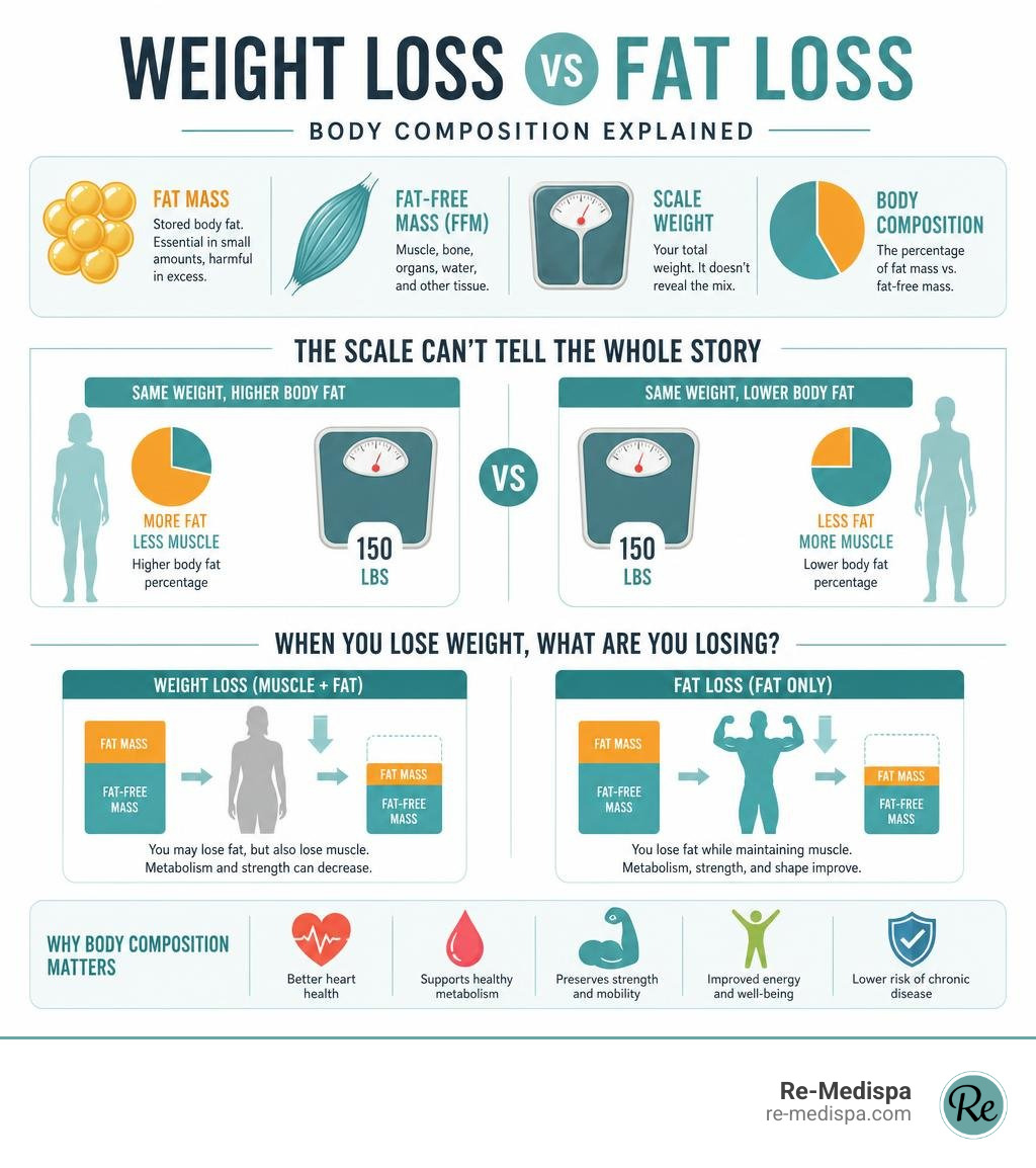 Infographic: weight loss vs fat loss — fat mass, fat-free mass, scale weight, body composition explained infographic Infographic: weight loss vs fat loss — fat mass, fat-free mass, scale weight, body composition explained infographic