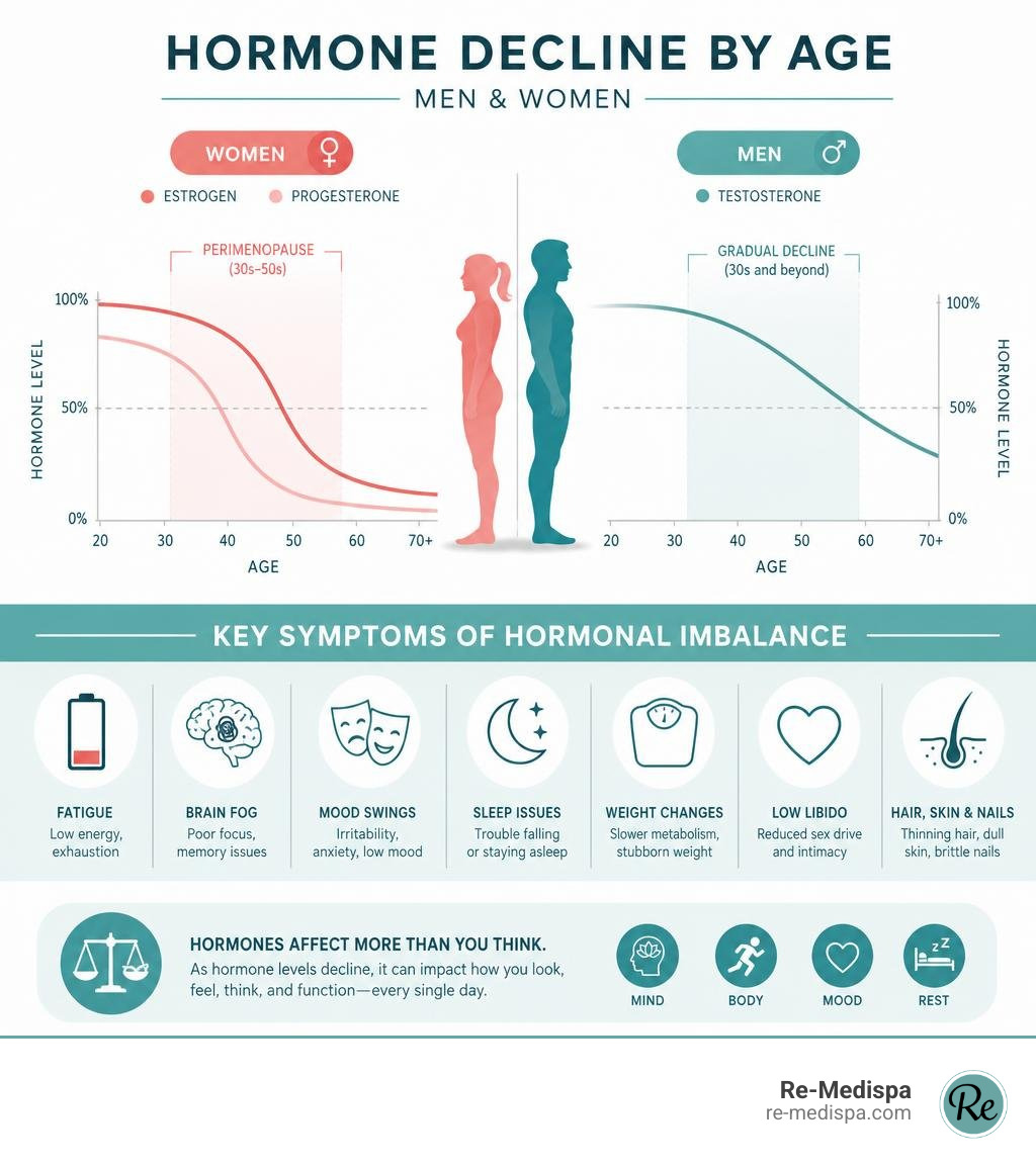 Infographic showing hormone decline by age in men and women and key symptoms of hormonal imbalance infographic Infographic showing hormone decline by age in men and women and key symptoms of hormonal imbalance infographic
