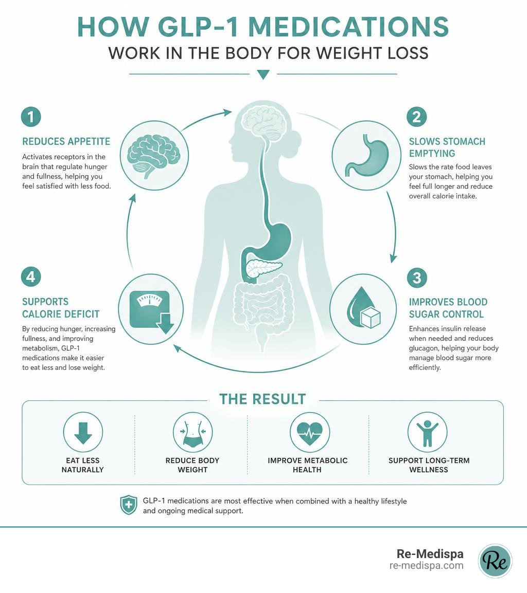 How GLP-1 medications work in the body for weight loss — infographic overview infographic