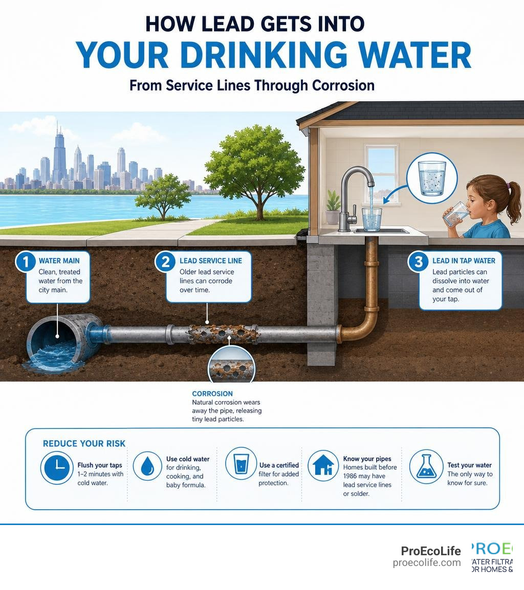Infographic showing how lead enters home drinking water from service lines through corrosion infographic Infographic showing how lead enters home drinking water from service lines through corrosion infographic
