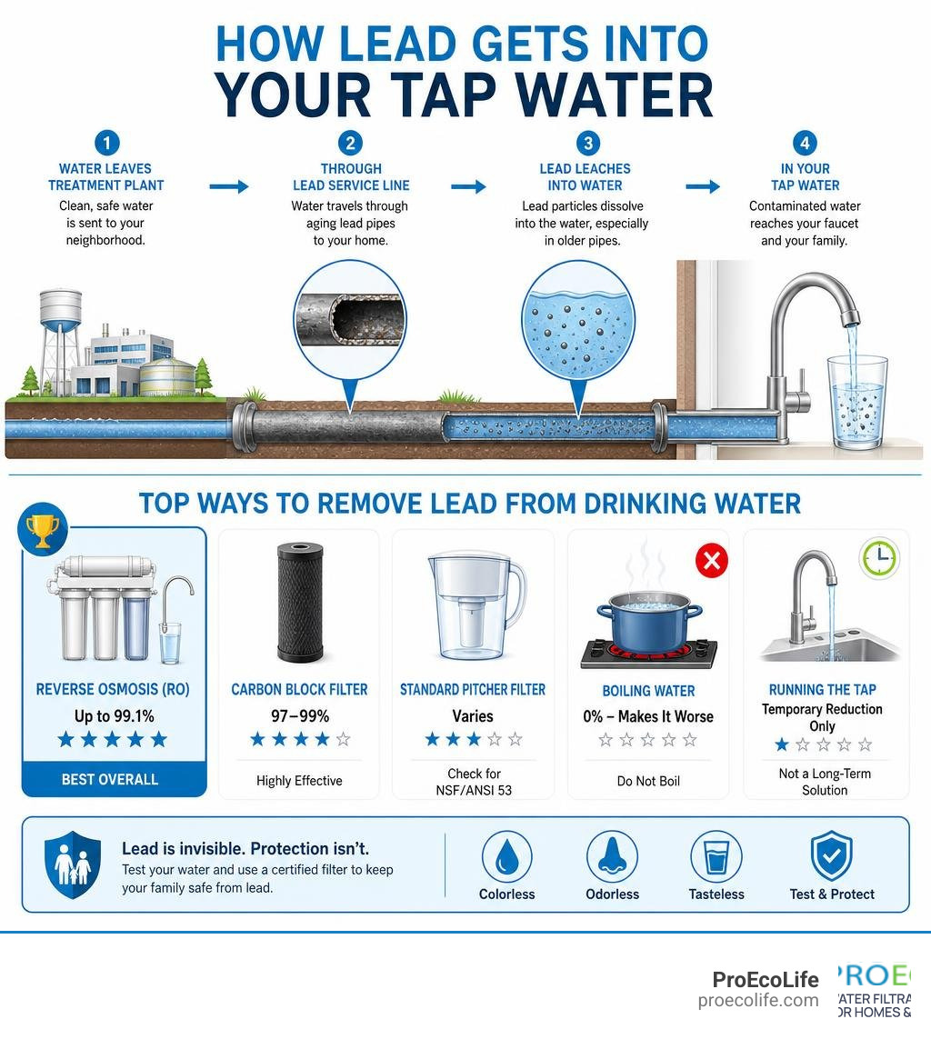 Infographic showing how lead leaches from aging pipes into tap water and top removal methods infographic