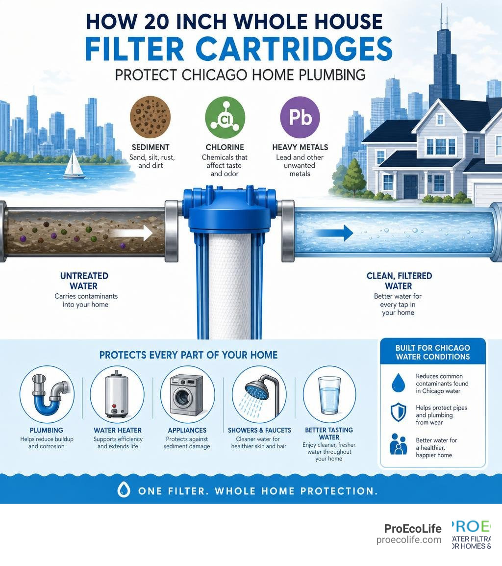 Infographic showing how 20 inch whole house filter cartridges protect Chicago home plumbing from sediment, chlorine, and Infographic showing how 20 inch whole house filter cartridges protect Chicago home plumbing from sediment, chlorine, and