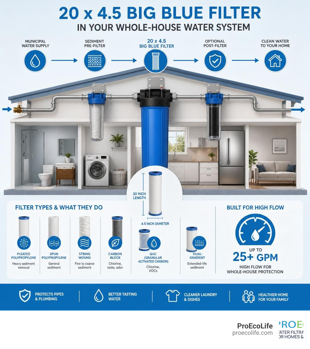 Infographic showing how a 20x4.5 Big Blue filter fits into a whole-house water system with filter types and flow rates Infographic showing how a 20x4.5 Big Blue filter fits into a whole-house water system with filter types and flow rates