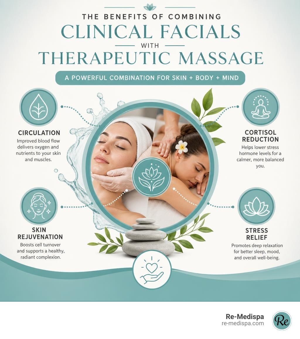 Benefits of combining clinical facials with therapeutic massage - circulation, cortisol reduction, skin rejuvenation, stress Benefits of combining clinical facials with therapeutic massage - circulation, cortisol reduction, skin rejuvenation, stress