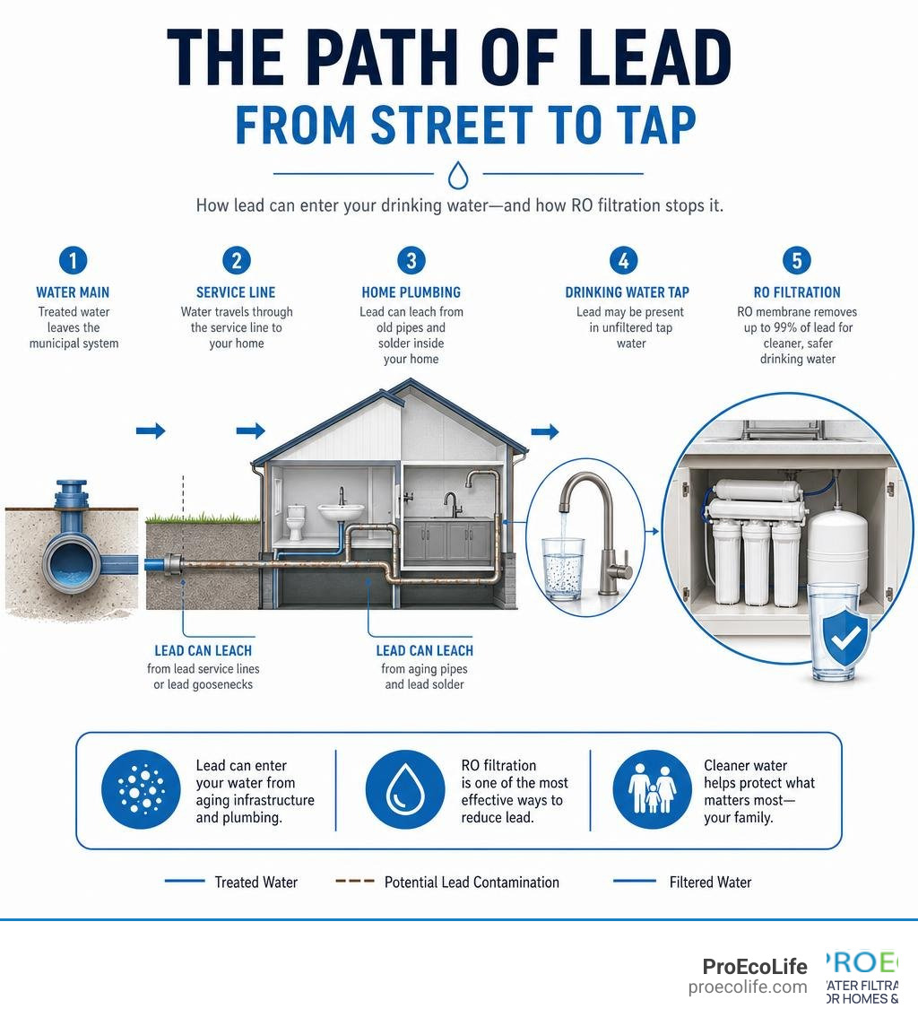 Infographic showing lead pathways from street service line through home plumbing to drinking water tap and RO filter Infographic showing lead pathways from street service line through home plumbing to drinking water tap and RO filter