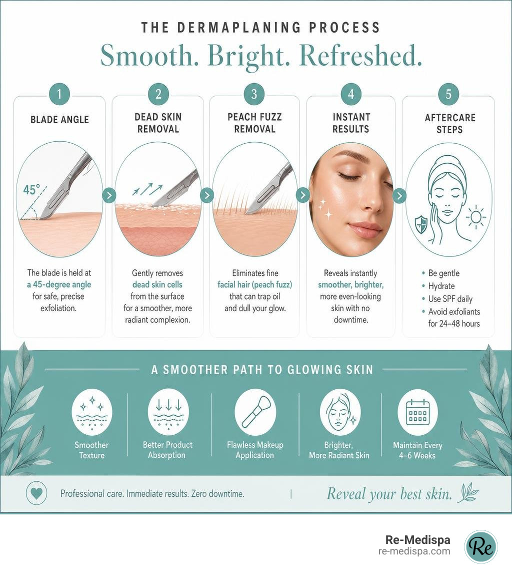 Dermaplaning process infographic: blade angle, dead skin removal, peach fuzz, results, and aftercare steps infographic