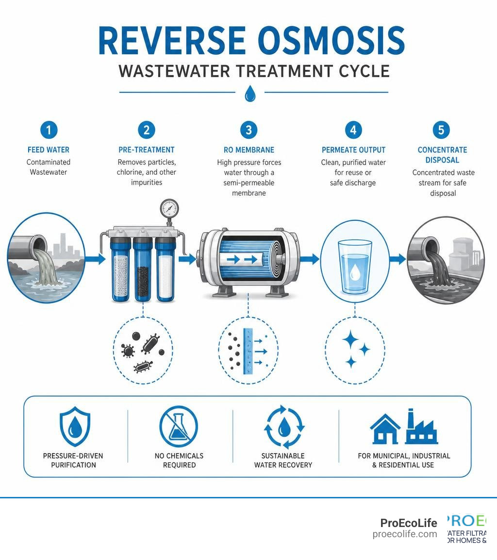 Infographic showing the reverse osmosis wastewater treatment cycle: feed water, pre-treatment, RO membrane, permeate output Infographic showing the reverse osmosis wastewater treatment cycle: feed water, pre-treatment, RO membrane, permeate output
