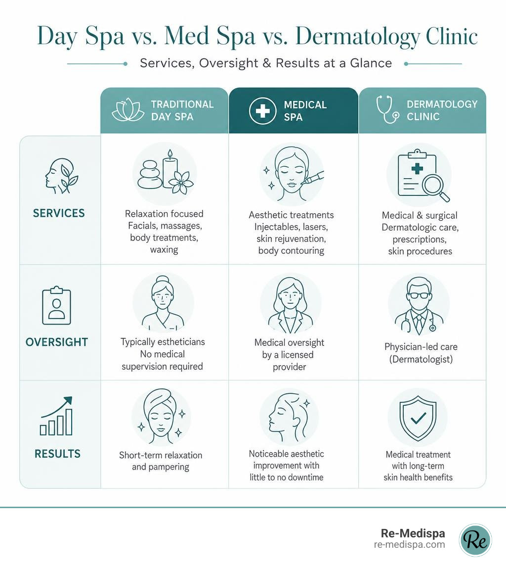 Infographic comparing traditional day spas vs medical spas vs dermatology clinics by services oversight and results Infographic comparing traditional day spas vs medical spas vs dermatology clinics by services oversight and results