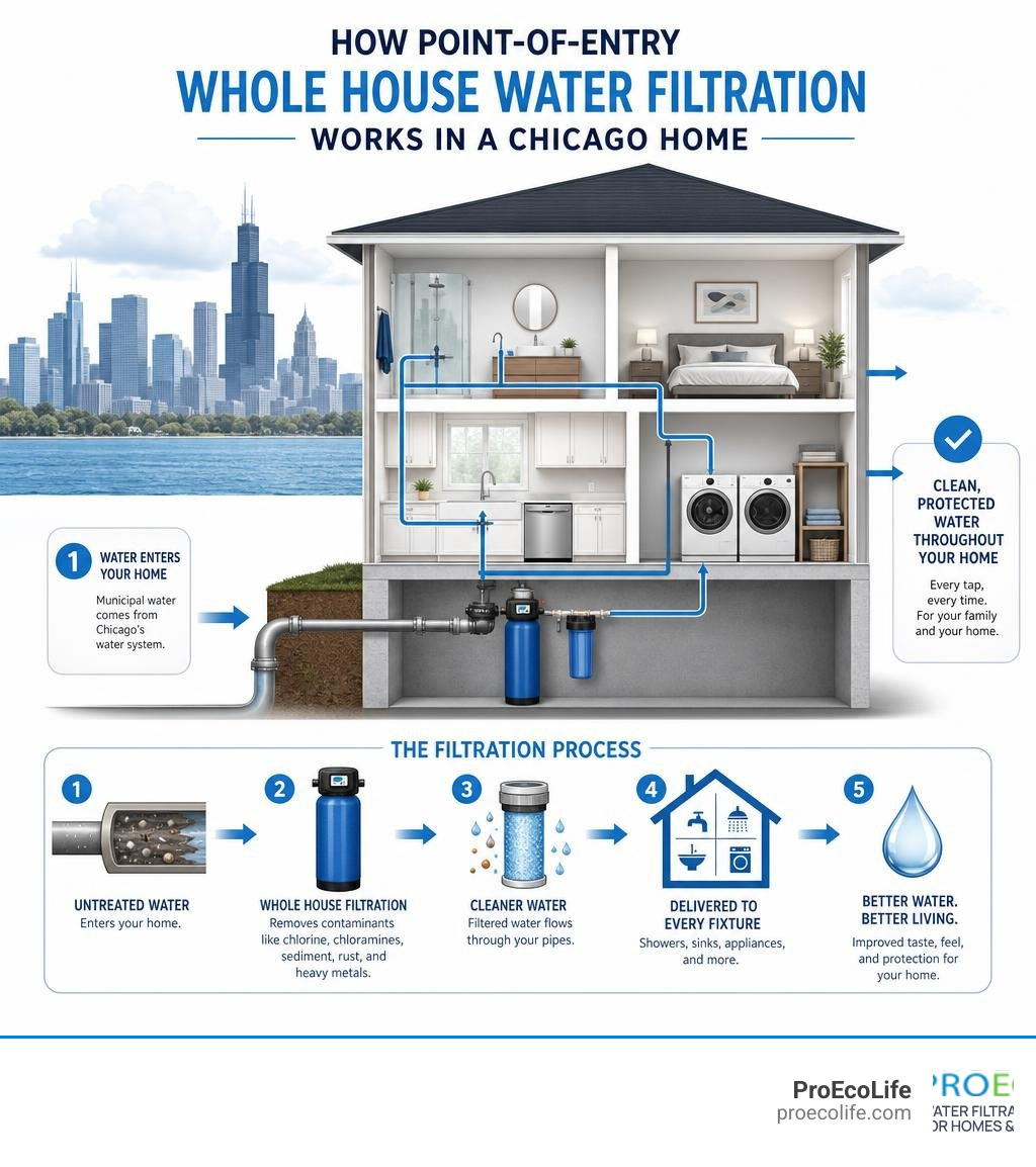 Infographic showing how point-of-entry whole house water filtration works in a Chicago home infographic Infographic showing how point-of-entry whole house water filtration works in a Chicago home infographic