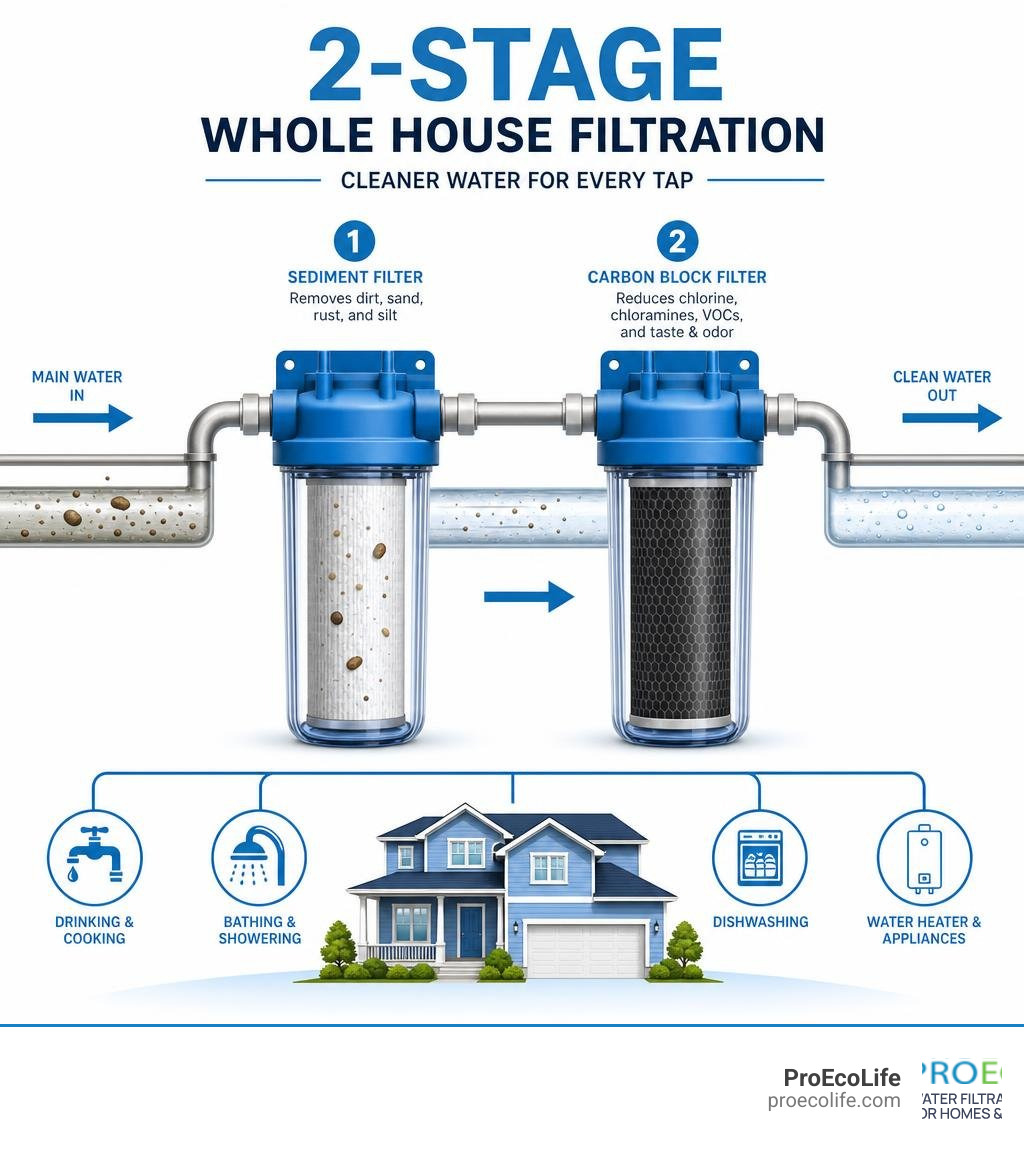 Infographic showing 2-stage whole house filtration process: sediment filter then carbon block filter infographic