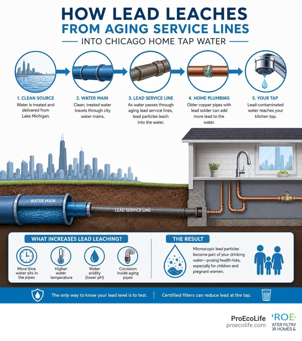 How lead leaches from aging service lines into Chicago home tap water infographic infographic How lead leaches from aging service lines into Chicago home tap water infographic infographic