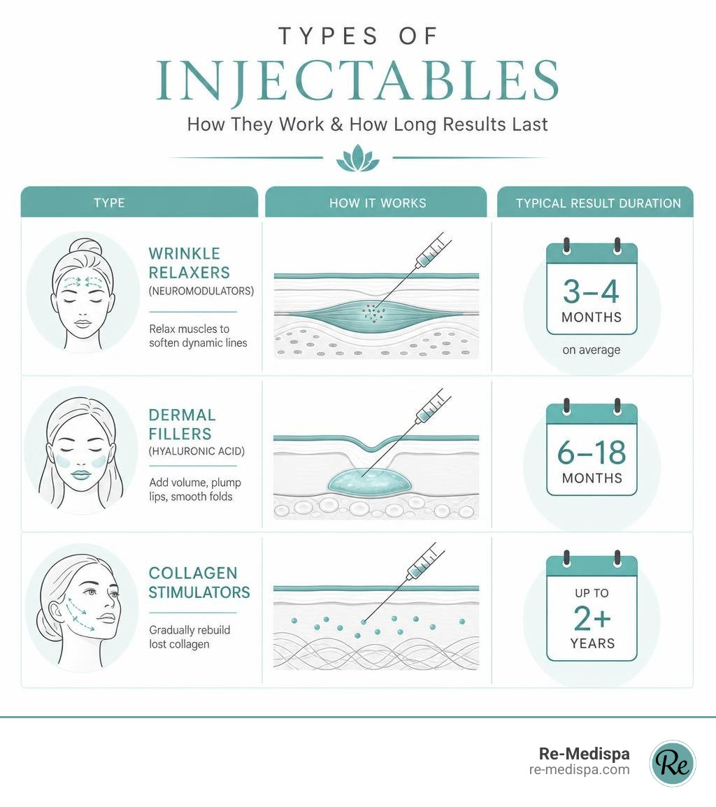 Types of injectables, how they work, and typical result durations for wrinkle relaxers, fillers, and collagen stimulators Types of injectables, how they work, and typical result durations for wrinkle relaxers, fillers, and collagen stimulators