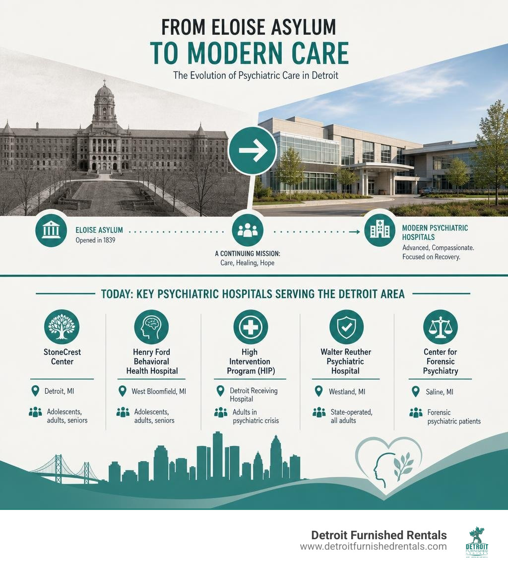 Infographic showing transition from Eloise Asylum to modern Detroit psychiatric hospitals with key facilities listed Infographic showing transition from Eloise Asylum to modern Detroit psychiatric hospitals with key facilities listed