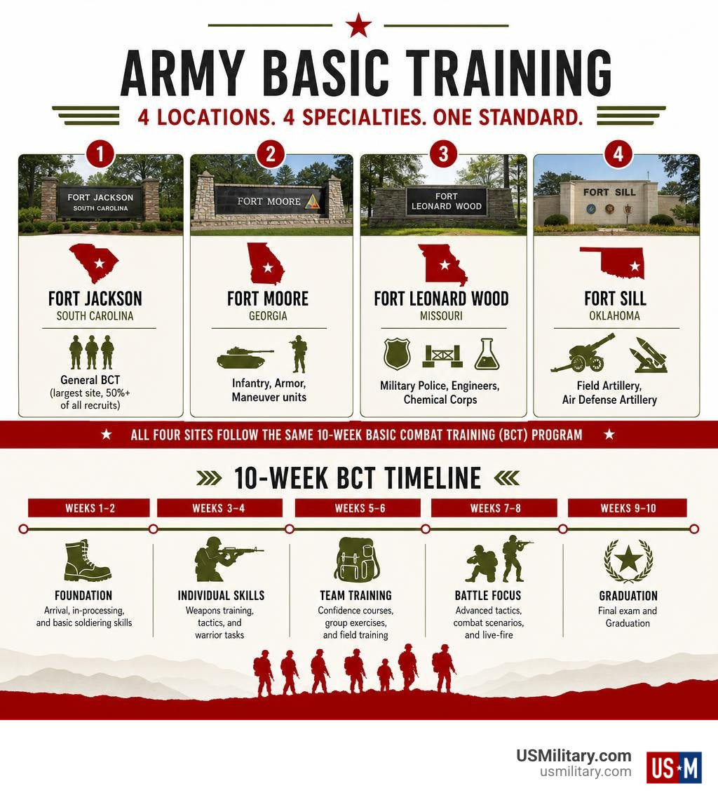 Infographic showing four Army BCT locations, their specialties, and the 10-week training timeline infographic