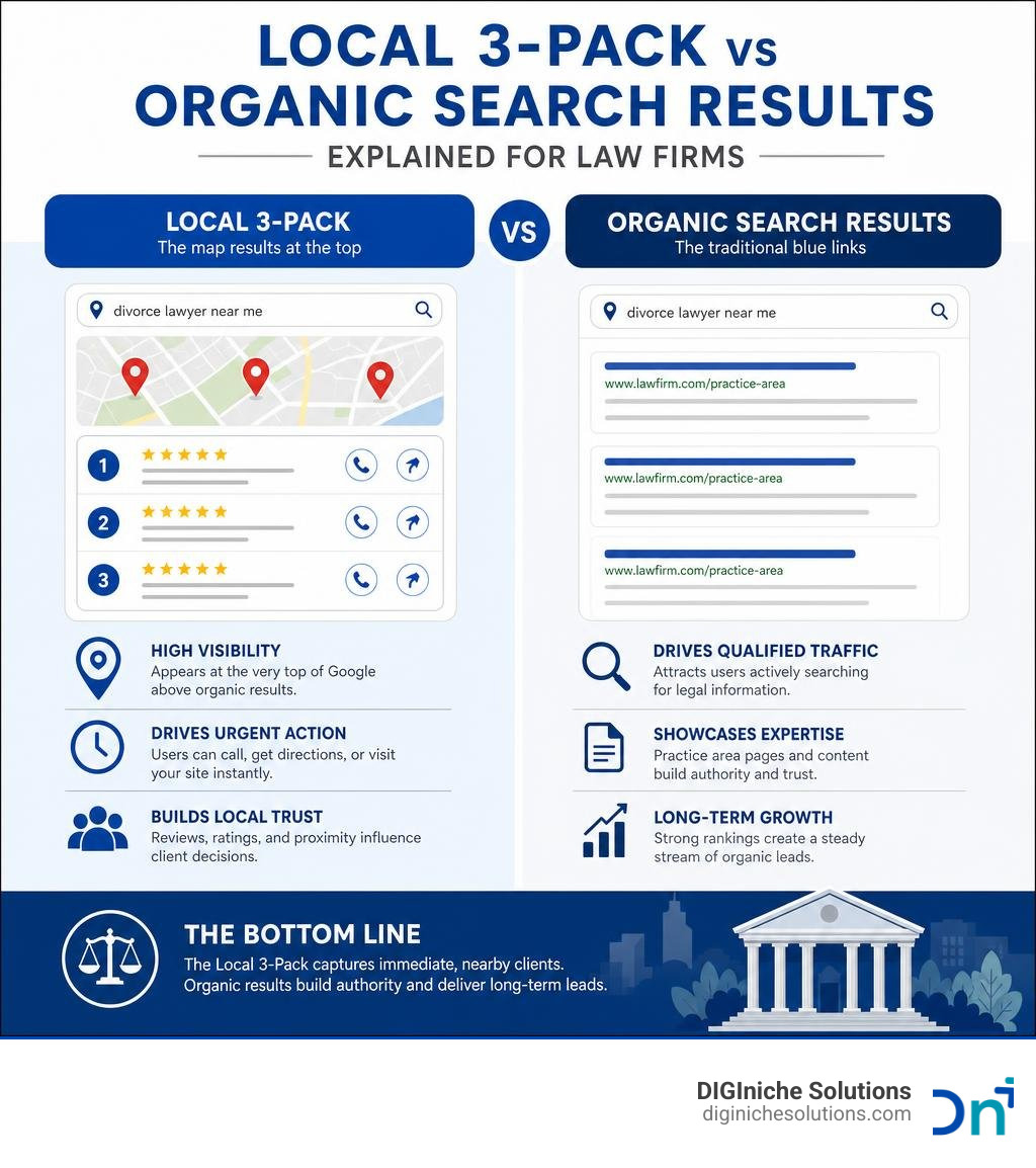 Local 3-Pack vs organic search results explained for law firms infographic