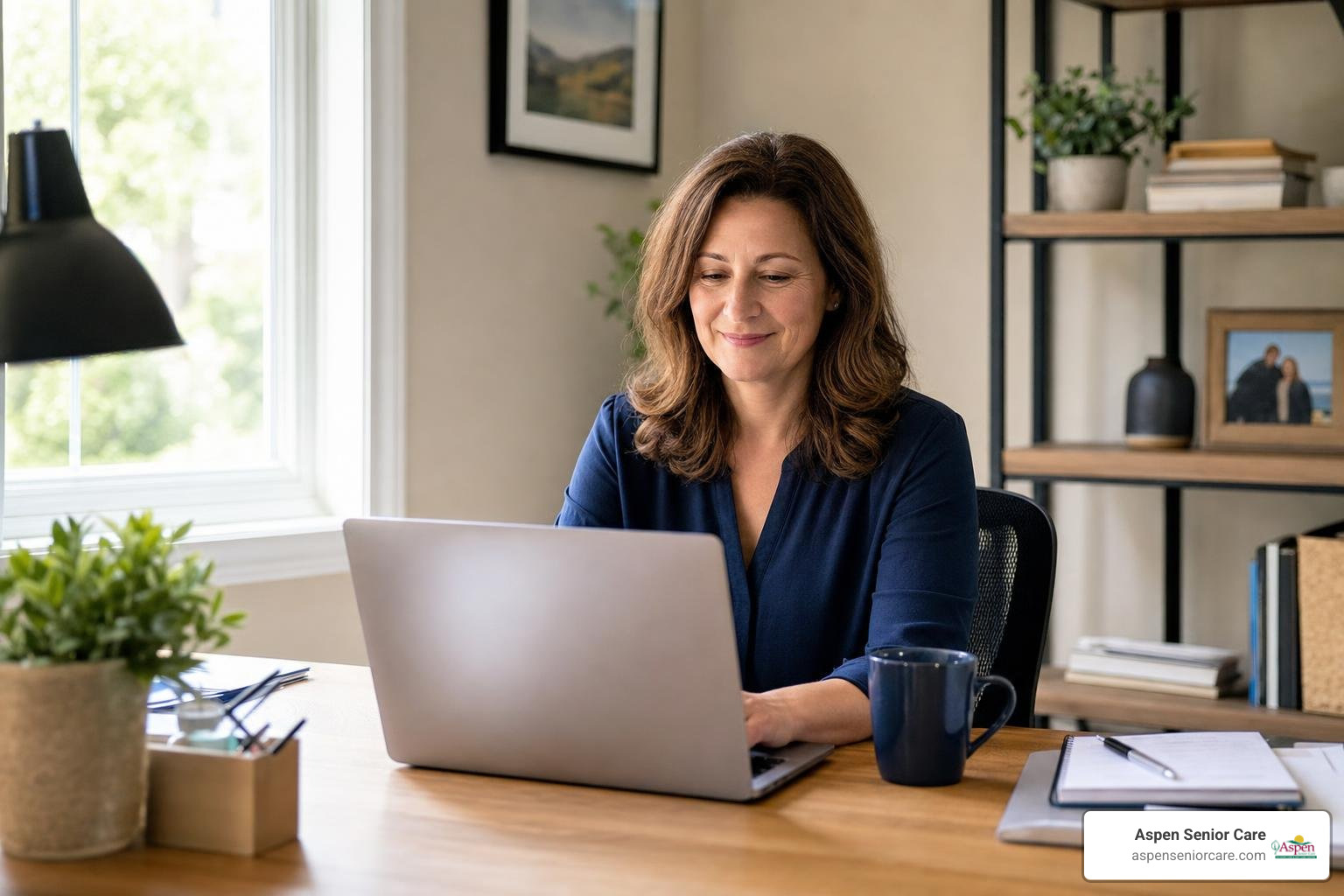 Family caregiver experiencing peace of mind while working