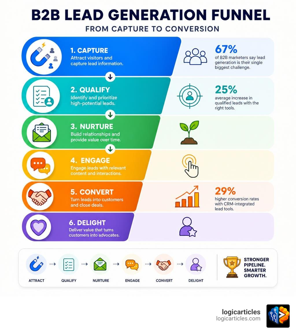 Infographic showing B2B lead generation funnel stages from capture to conversion with key stats infographic Infographic showing B2B lead generation funnel stages from capture to conversion with key stats infographic