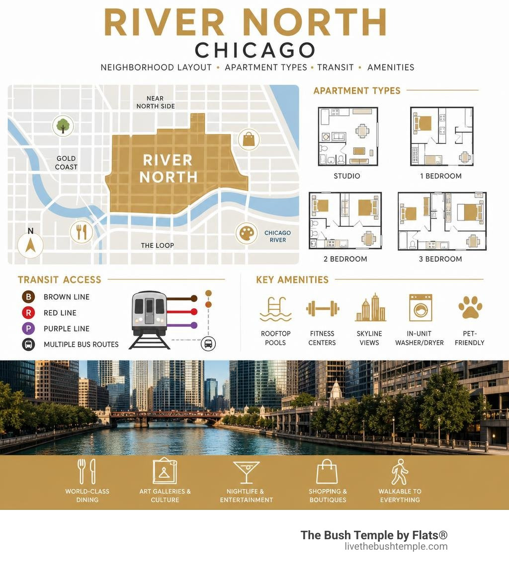 River North Chicago neighborhood layout infographic with apartment types, transit lines, and key amenities infographic River North Chicago neighborhood layout infographic with apartment types, transit lines, and key amenities infographic