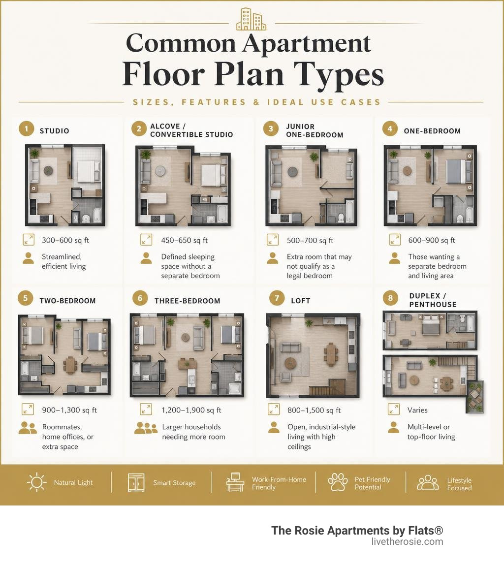 Common apartment floor plan types infographic with sizes, features, and ideal use cases infographic
