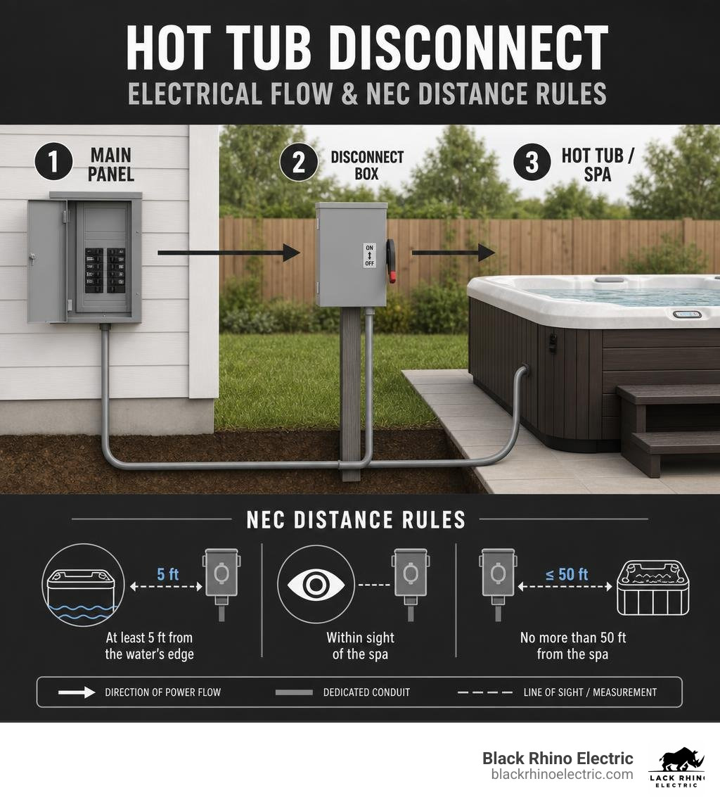 Infographic showing hot tub electrical flow from main panel through disconnect box to spa with NEC distance rules infographic
