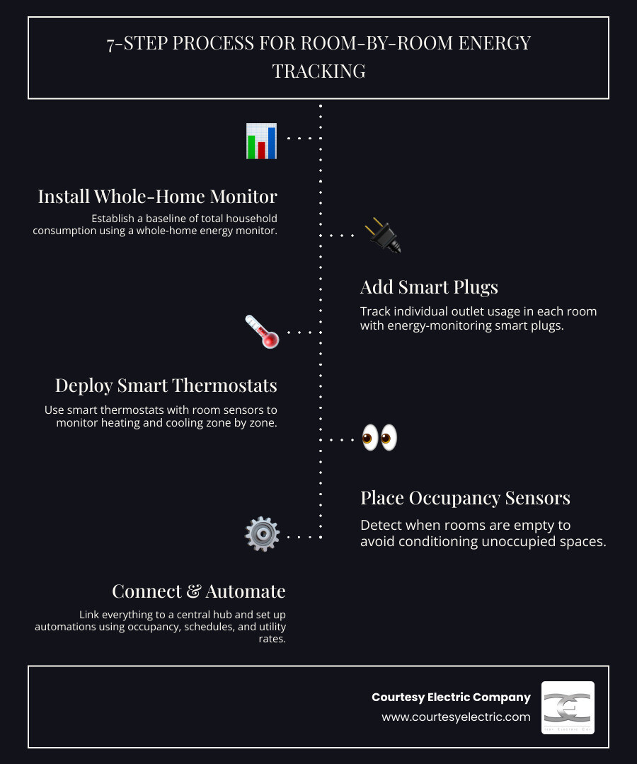 Infographic showing 7 steps to track and control energy use room by room in a home infographic