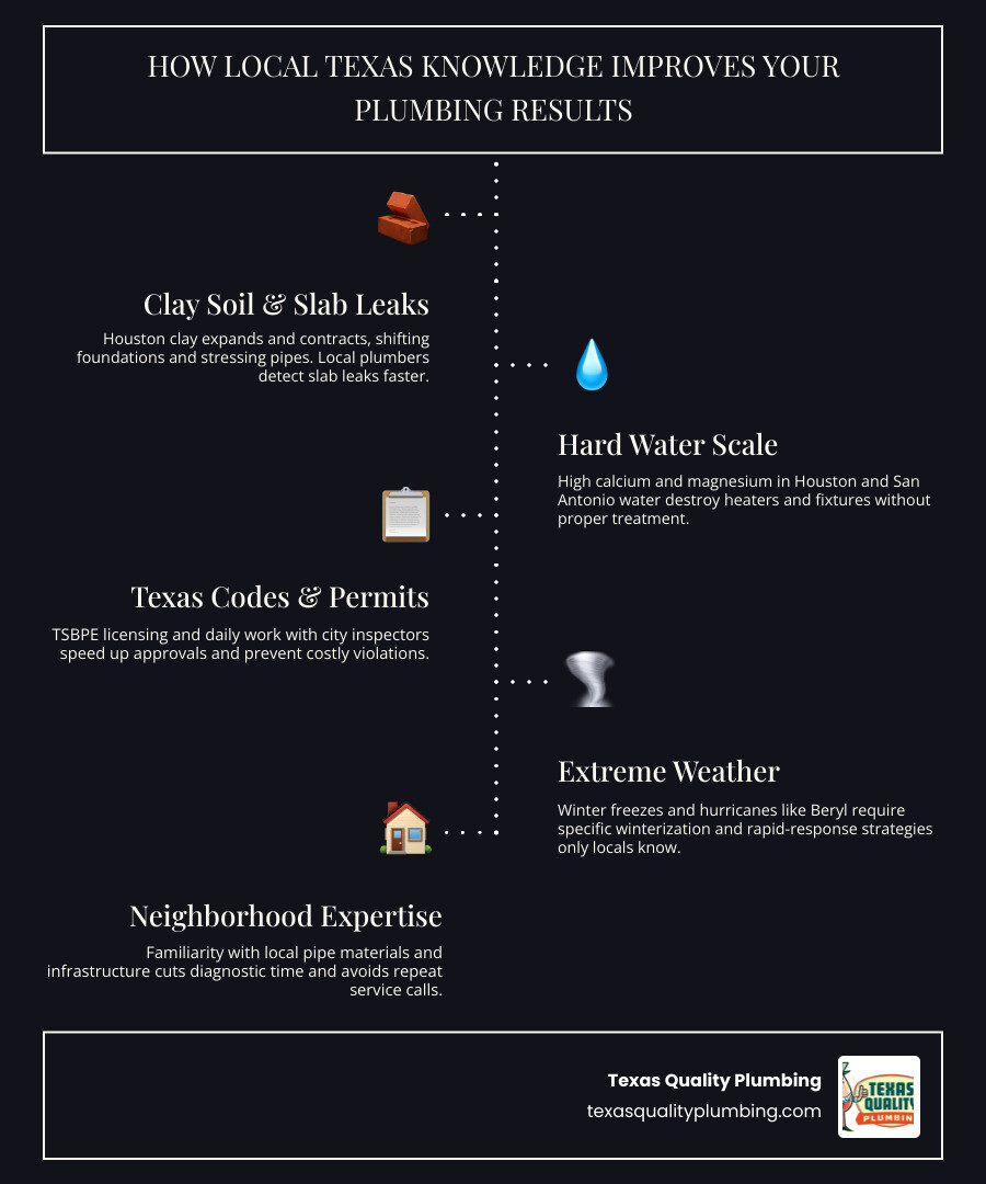 Infographic showing 6 ways local Texas plumbing knowledge improves home plumbing results infographic Infographic showing 6 ways local Texas plumbing knowledge improves home plumbing results infographic