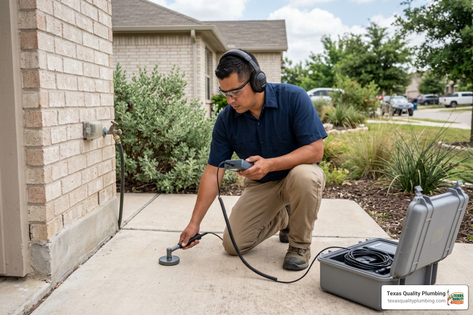 professional technician performing non-invasive slab leak detection on a home foundation professional technician performing non-invasive slab leak detection on a home foundation