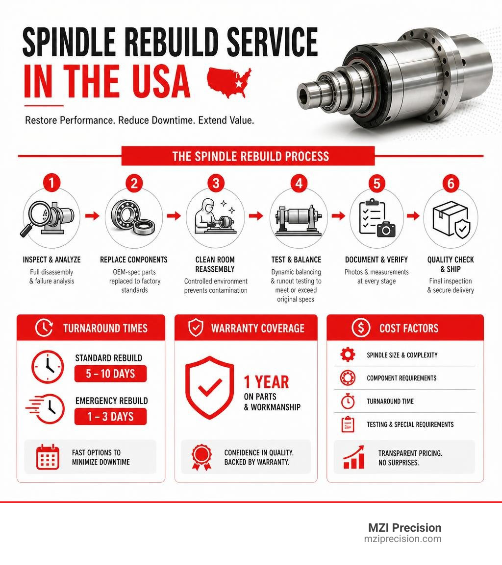 Infographic showing spindle rebuild service steps, turnaround times, warranty coverage, and cost factors in the USA Infographic showing spindle rebuild service steps, turnaround times, warranty coverage, and cost factors in the USA
