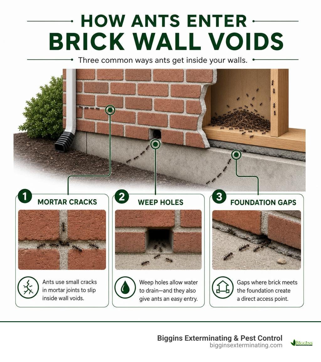 Infographic showing how ants enter brick wall voids through mortar cracks, weep holes, and foundation gaps infographic Infographic showing how ants enter brick wall voids through mortar cracks, weep holes, and foundation gaps infographic