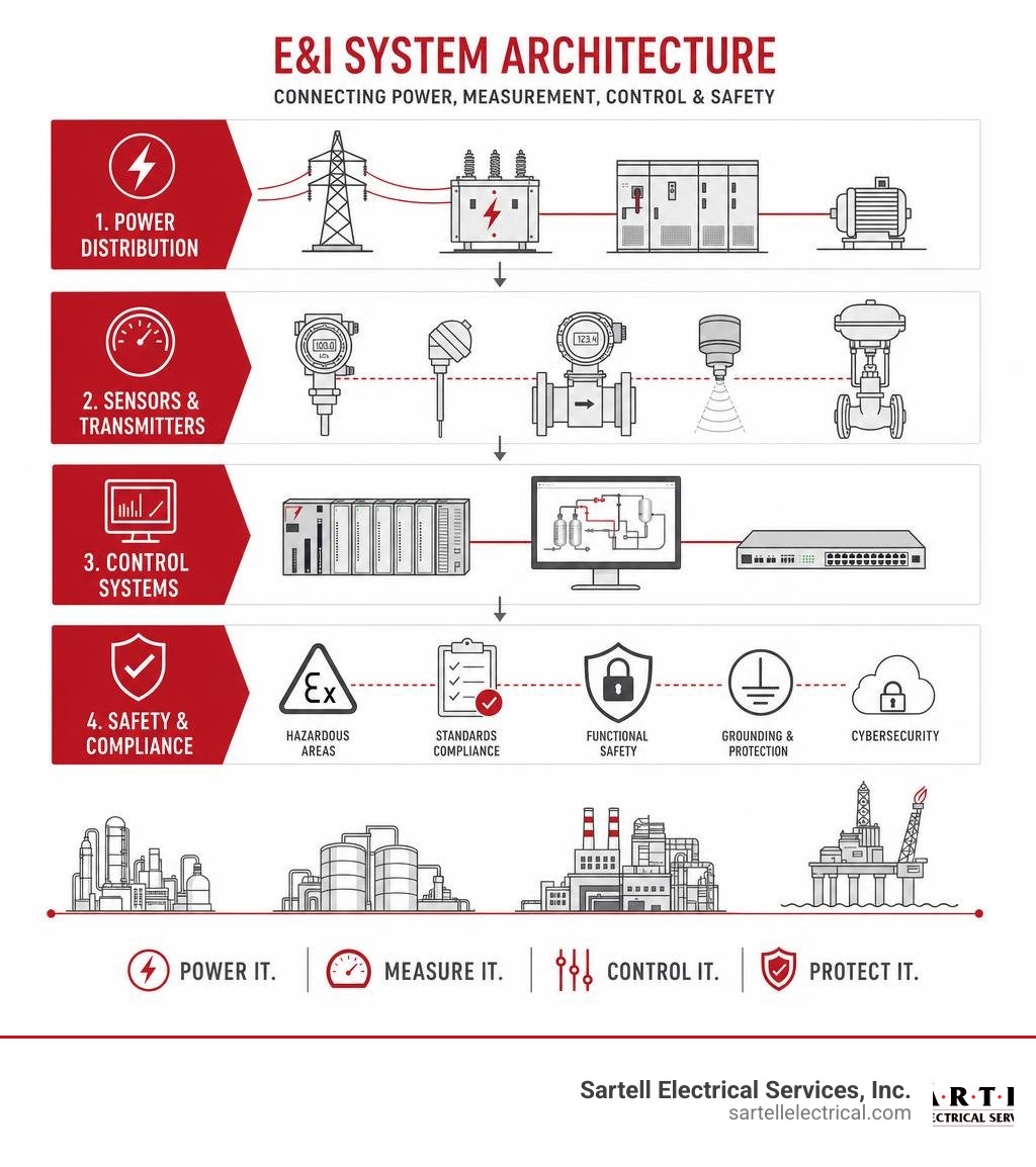 Infographic showing E&I system architecture: power distribution, sensors and transmitters, control systems, and safety Infographic showing E&I system architecture: power distribution, sensors and transmitters, control systems, and safety