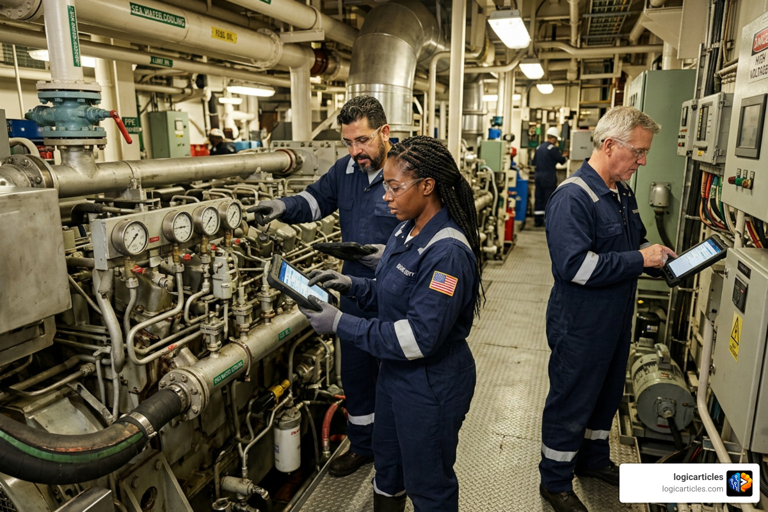 Ship crew using mobile tablets for onboard maintenance checks Ship crew using mobile tablets for onboard maintenance checks
