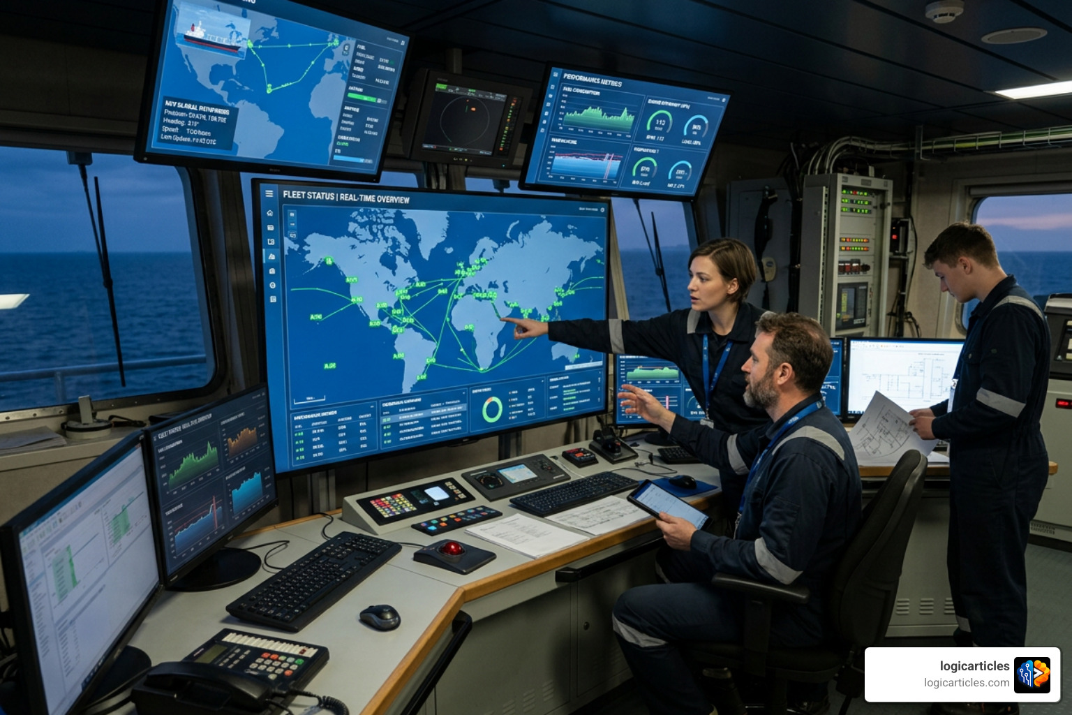 Marine engineers analyzing real-time data on a centralized fleet dashboard Marine engineers analyzing real-time data on a centralized fleet dashboard