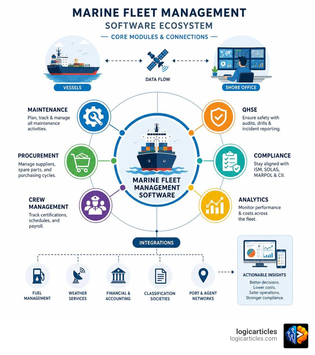 Marine fleet management software ecosystem showing core modules and connections infographic Marine fleet management software ecosystem showing core modules and connections infographic