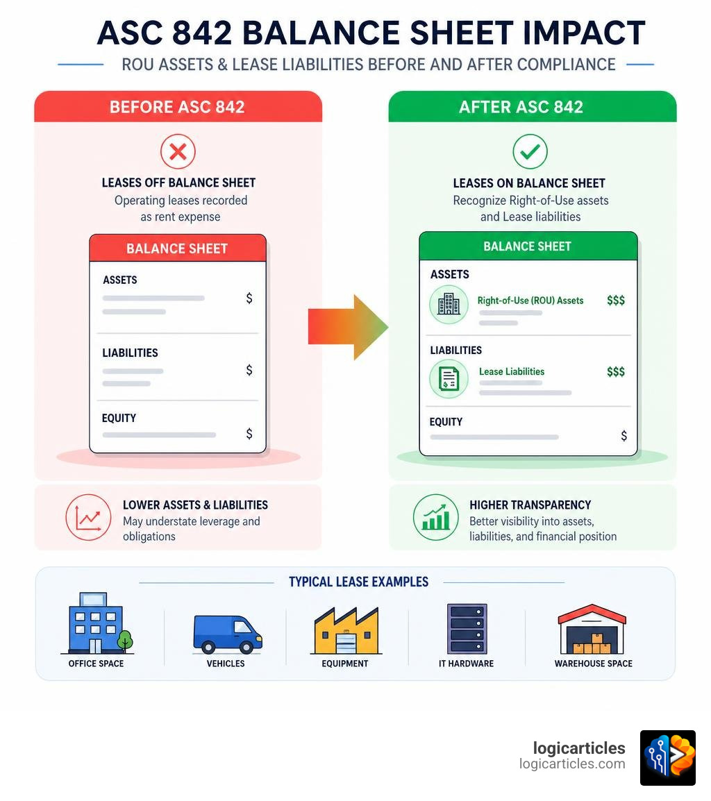 ASC 842 balance sheet impact showing ROU assets and lease liabilities before and after compliance infographic ASC 842 balance sheet impact showing ROU assets and lease liabilities before and after compliance infographic