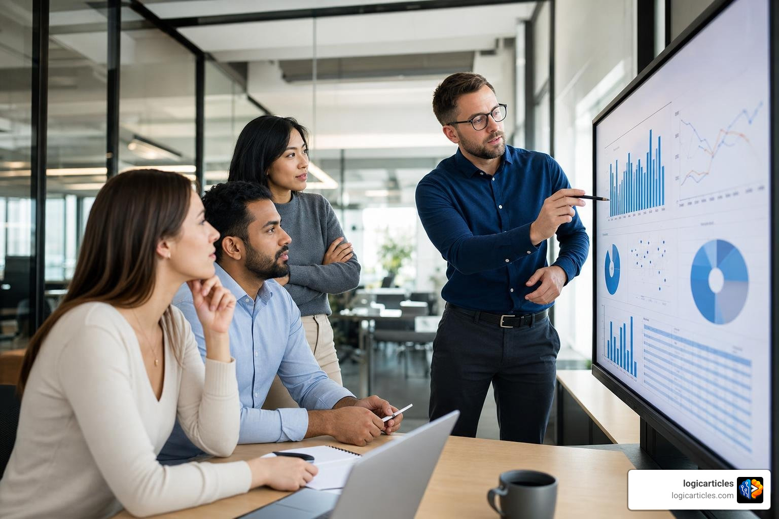 Business team analyzing data on screen to choose the best software alternative Business team analyzing data on screen to choose the best software alternative