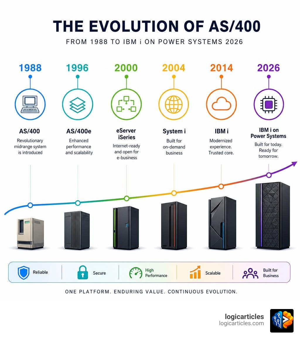 Timeline infographic of AS/400 rebranding from 1988 to IBM i Power Systems 2026 infographic Timeline infographic of AS/400 rebranding from 1988 to IBM i Power Systems 2026 infographic