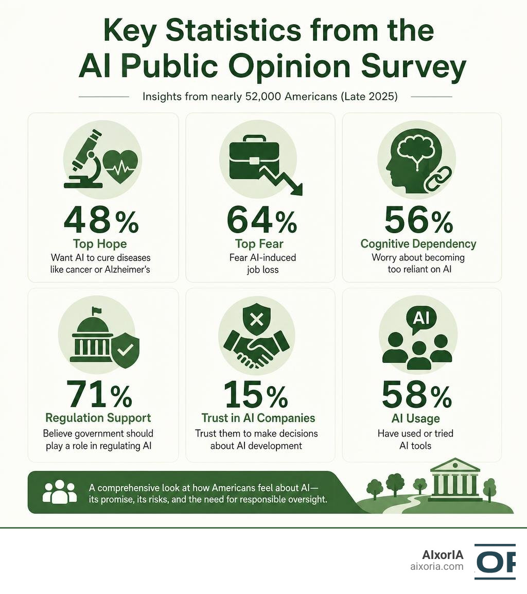 Key statistics from the Anthropic AI Public Opinion Survey: hopes, fears, trust levels, and regulation support infographic