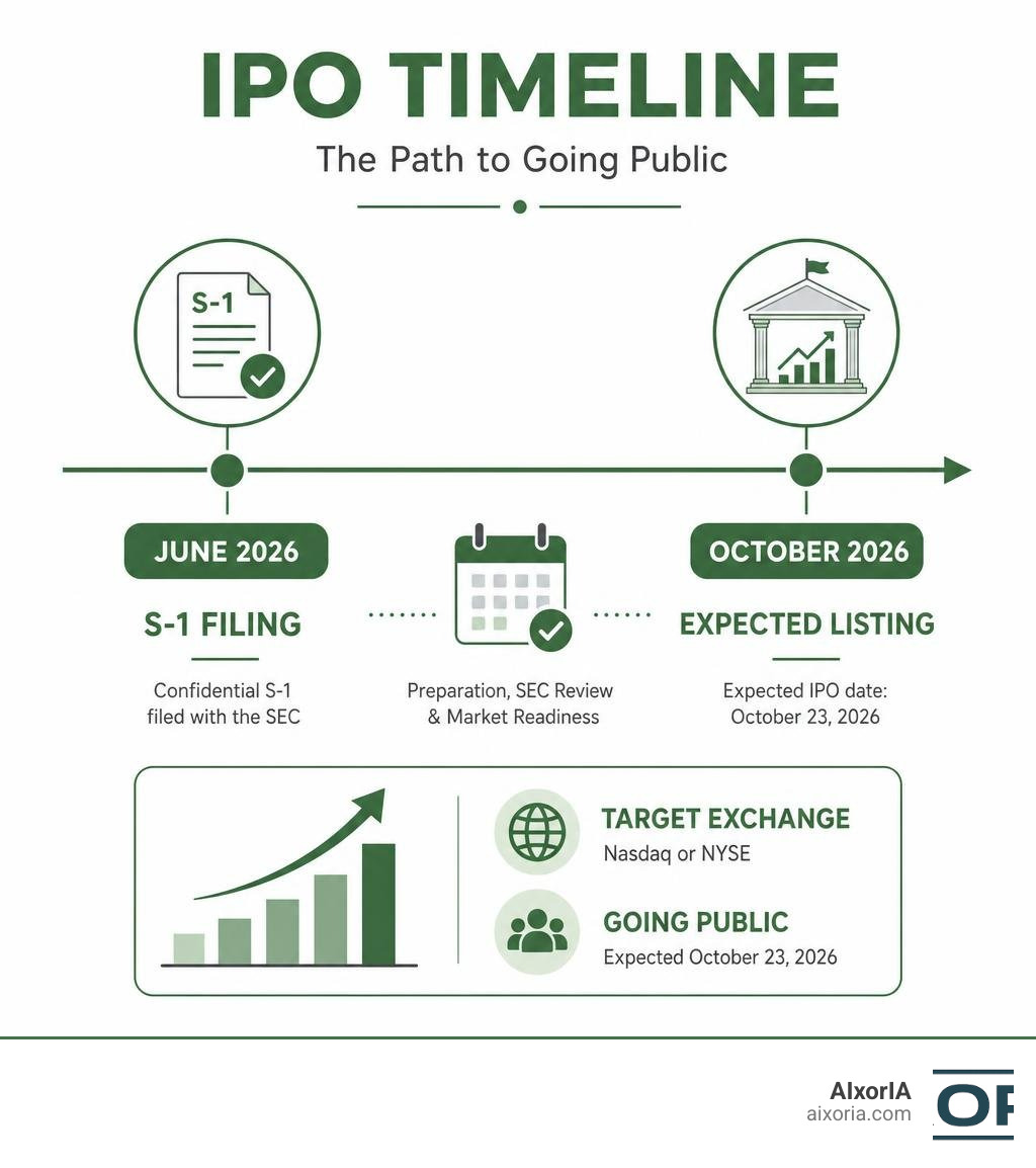 Anthropic IPO timeline infographic showing S-1 filing June 2026 to expected October 2026 listing infographic
