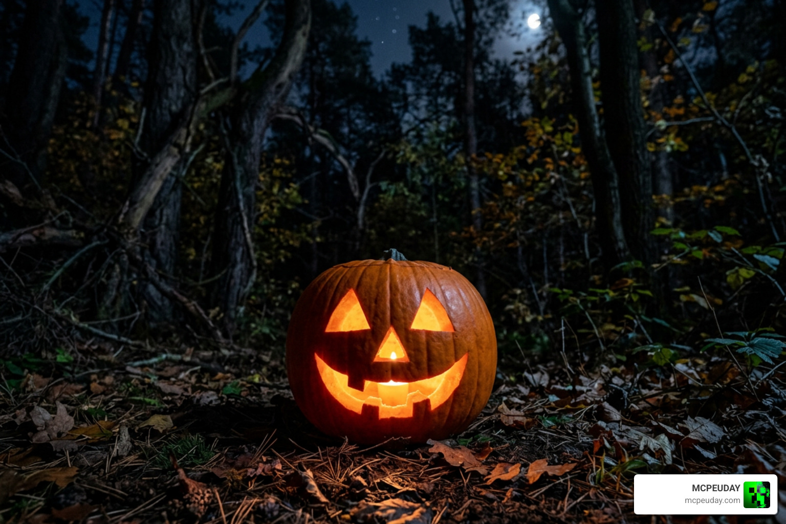 The Jack o' Lantern variant glowing brightly in the dark night