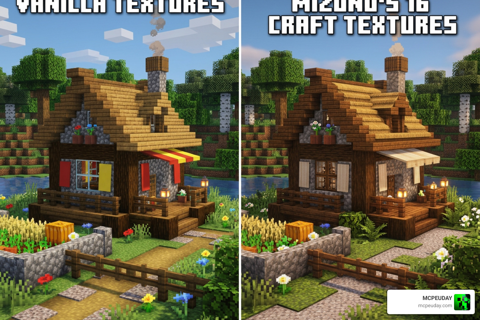 Comparison between vanilla Minecraft and Mizuno's 16 Craft texture pack